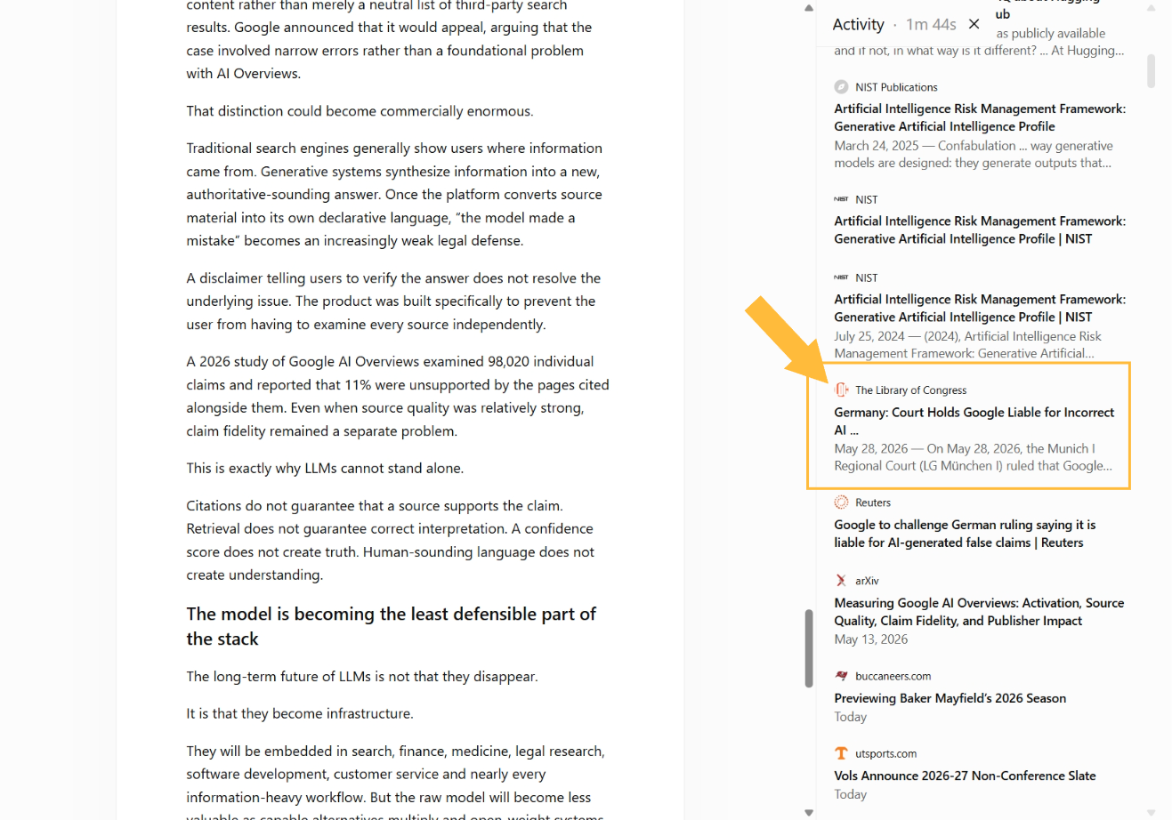 A ChatGPT research activity panel showing the Munich court ruling verified against the Library of Congress, Reuters, NIST publications and an arXiv study