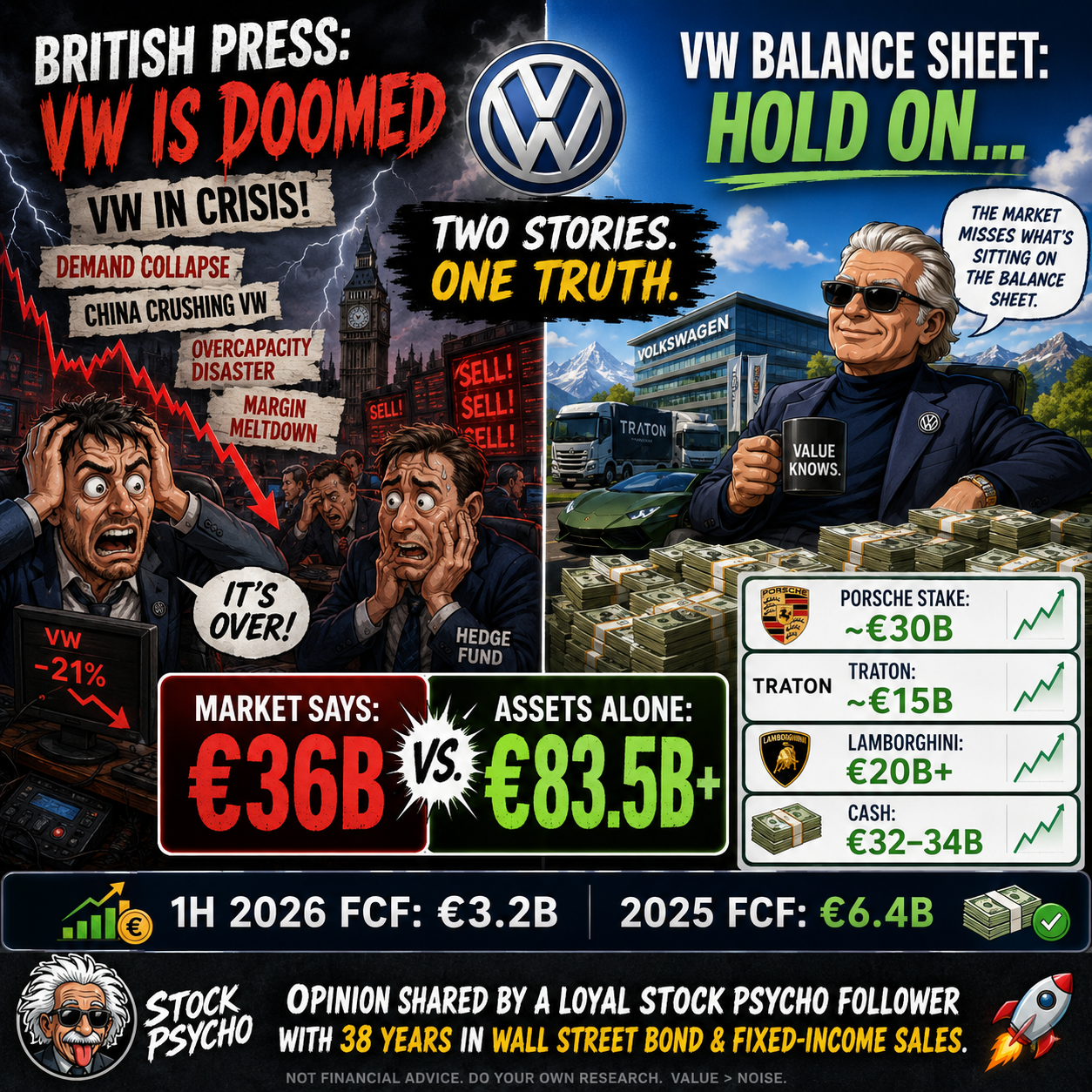 Volkswagen mispricing infographic contrasting the British-press doom narrative with VW's balance sheet: a roughly €36 billion market cap versus €83.5 billion-plus in Porsche, Traton and Lamborghini stakes plus €32–34 billion in cash.